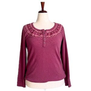 Pink Long Sleeve Henley with Lace Detail